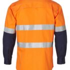 Rear view of a high-visibility orange and navy work shirt with long sleeves. It features reflective silver strips across the back and sleeves, designed for safety and visibility in work environments.
