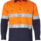 A long-sleeve high-visibility work shirt featuring a bright orange top and dark blue bottom. It has two reflective horizontal stripes across the chest and two buttoned chest pockets.