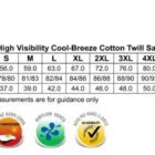 Size chart for SW60 Mens High Visibility Cool-Breeze Cotton Twill Safety Shirts, showing measurements for half chest, body length, and collar in sizes S to 7XL. Features include cotton fabric, UV protection, airflow vents, and high visibility.