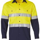 A high-visibility work shirt with a bright yellow top and dark blue bottom. The shirt features reflective silver bands around the chest and arms, long sleeves, a button-up front, and two chest pockets.
