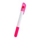A pink and white marker pen with a pink cap on a white background. The pens body is white, while the grip and cap are pink.