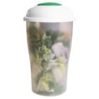 A semi-transparent, tall plastic container with a white lid, partially filled with mixed salad greens and visible purple onion slices. The container has a green button-like element on top of the lid.