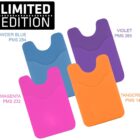 Image showing four limited edition card holders in powder blue, violet, magenta, and tangerine. Colors are labeled with PMS codes: 284 for blue, 265 for violet, 232 for magenta, and 1495 for tangerine.