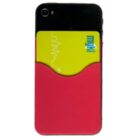 A smartphone with a red cardholder attached on the back, holding a Myki card. The Myki card is bright green with a blue and white logo partially visible.