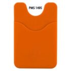 Orange silicone phone wallet with a curved top edge and a pocket in the middle. Text PMS 1495 is printed above the wallet.