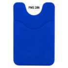 Blue silicone card holder with a notch at the top, labeled PMS 286. The holder has a pocket designed to attach to the back of a smartphone for carrying cards.