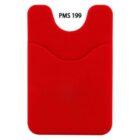 A red silicone phone wallet with rounded edges, featuring a cutout at the top and two slightly curved lines across the surface. The text PMS 199 is printed at the top in black.