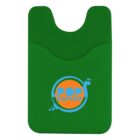A green silicone card holder with a pocket, featuring a circular orange and blue logo with the word pop and decorative bubbles.