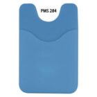 A blue silicone phone wallet with a notch at the top and a curved pocket design. The text PMS 284 is displayed above it.