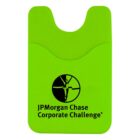 Bright green promotional card holder for the JP Morgan Chase Corporate Challenge, featuring a logo of a stylized runner.