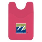 Red silicone phone wallet with a curved opening, featuring a logo at the bottom center. The logo has a stylized white n on a green and blue background with the word nexicom below.