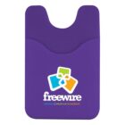 A purple cardholder with a logo consisting of three overlapping squares in orange, green, and blue. Below the logo, the text reads freewire with television | telephone | broadband underneath.
