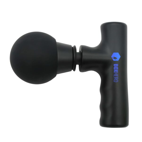 A black handheld massage gun with a spherical head attachment. The device has a cylindrical handle and features the logo BOXHERO in blue on the side. The design is sleek and modern.
