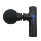 A black massage gun with a spherical attachment on the top and an ergonomic handle. The brand name BoxHero is printed in blue on the side of the handle.