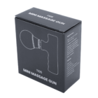 A black box with the label T105 Mini Massage Gun features a white outline illustration of a massage gun. Instructions and features are printed in small white text on the side.