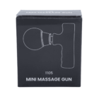 The image shows a black box with a white outline illustration of a mini massage gun. The text on the box reads T105 MINI MASSAGE GUN.