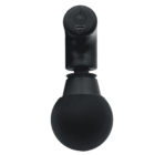 A black handheld massage gun with a round attachment head is shown from a top-down view. The device has a power button and a USB charging port visible at the top.