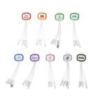 Nine multi-connector charging cables with various logos, including a pink ribbon and recognizable brands. Each cable features multiple types of connectors for universal charging.