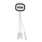 A white multi-connector charger with a retractable cord. The top case is labeled Stanley in yellow text on a black background. The charger has four different connector tips hanging from the bottom.