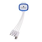 Multifunction charging cable with a blue and white hub labeled Schwarzkopf Professional. It has four connectors: USB, USB-C, micro USB, and Lightning.