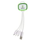 A multi-charging cable with four connectors, including USB, micro USB, USB-C, and a proprietary connector. The top part is green and white with a cut-out handle, featuring the Monster Energy logo.