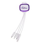 A multi-charging cable with four connectors, including USB-C and micro USB, extending from a purple and white branded hub with the logo Cadbury. The connectors are white and the hub has a small loop at the top.