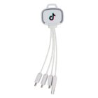 A multi-connector charging cable with a white central unit featuring a logo on it. The cables extend from the unit, ending in various connectors for different devices.