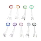 Eight multi-connector charging cables with different colored clip tops: red, orange, green, black, blue, purple, pink, and gray. Each cable has three types of connectors: USB-C, Lightning, and Micro USB.