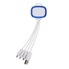 A multi-port USB charging cable with a blue and white hub, featuring four different connectors.