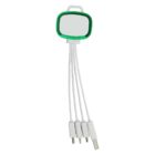 A multi-device charging cable with a green-framed adapter, featuring four connectors: USB-C, micro USB, Lightning, and another USB-C. The connectors are attached to a single cable.