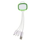 A multi-connector USB charging cable with a green adapter, featuring four different ports: USB, micro USB, mini USB, and USB-C. The cables are white and extend from the green adapter.