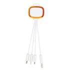 A multi-charging cable with a compact, square, orange and white casing. It has four white cords with different connectors: USB-C, micro USB, and two Lightning connectors.