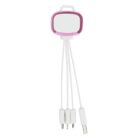 A multi-purpose charging cable with a pink and white casing at the top and three different connector types: USB, Micro USB, and a third connector. The casing resembles a compact mirror on a stand.