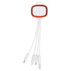 A multi-connector charging cable with a red and white compact design, featuring four different connectors at the end of its white cables, suitable for various electronic devices.