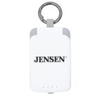 A white rectangular keychain device with rounded corners, featuring the word JENSEN printed in black. It has a metallic key ring attached at the top and four small LED indicator lights near the bottom.