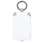 A white, rectangular portable power bank with a silver keyring attached at the top. It features four small LED indicator lights near the bottom.