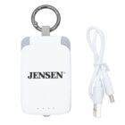 A compact, white Jensen device with a keychain ring attached. It features a logo and four LED lights. Next to it, a white USB cable with Type-A and micro-USB connectors is displayed.