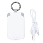A white portable power bank with a keyring attached. It has a smooth design with a grey accent at the top. Next to it is a matching white USB charging cable with a standard USB plug on one end and a micro-USB connector on the other.