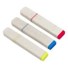 Three USB flash drives with beige, speckled casing are arranged diagonally. Each drive has a colored accent near the cap: red for the top, blue for the middle, and yellow for the bottom drive.