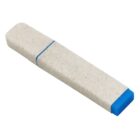 A rectangular USB flash drive with a speckled beige body and blue accents on both ends, viewed against a plain white background.
