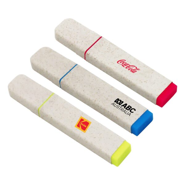 Three beige rectangular highlighters with colored tips and branded logos: the first with a red Coca-Cola logo and tip, the second with a black ABC Australia logo and blue tip, and the third with a yellow Kodak logo and tip.