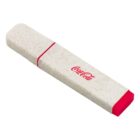 A rectangular USB flash drive with a speckled beige casing and red accents. The Coca-Cola logo is printed in red on the casing.