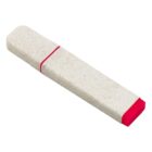 A beige, rectangular USB flash drive with a speckled design lies horizontally. It features a red removable cap on one end.