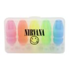 A set of four colorful highlighters—pink, orange, yellow, and blue—are encased in a transparent box. The box features the word NIRVANA and a smiling face logo with Xs for eyes in black print.