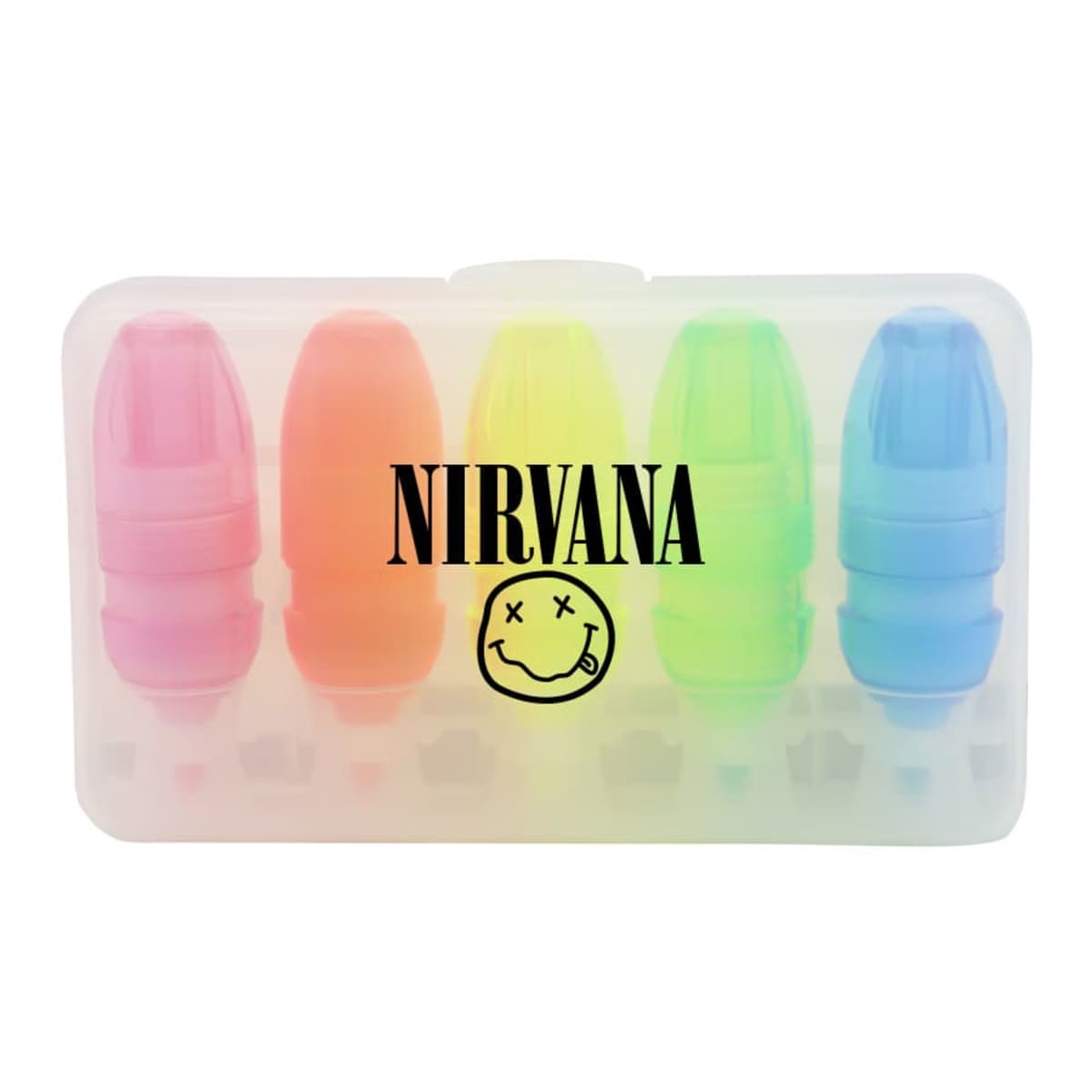 A set of four colorful highlighters—pink, orange, yellow, and blue—are encased in a transparent box. The box features the word NIRVANA and a smiling face logo with Xs for eyes in black print.