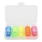 A transparent plastic case containing five vibrant highlighters in blue, green, yellow, orange, and pink, neatly arranged in individual slots.