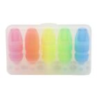 A translucent case containing five colorful highlighters in pink, orange, yellow, green, and blue, arranged vertically. The case has a soft, frosted appearance.