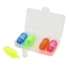 A small transparent plastic case containing four mini highlighter pens in blue, green, pink, and orange. One yellow highlighter is outside the case with its cap removed and placed beside it.