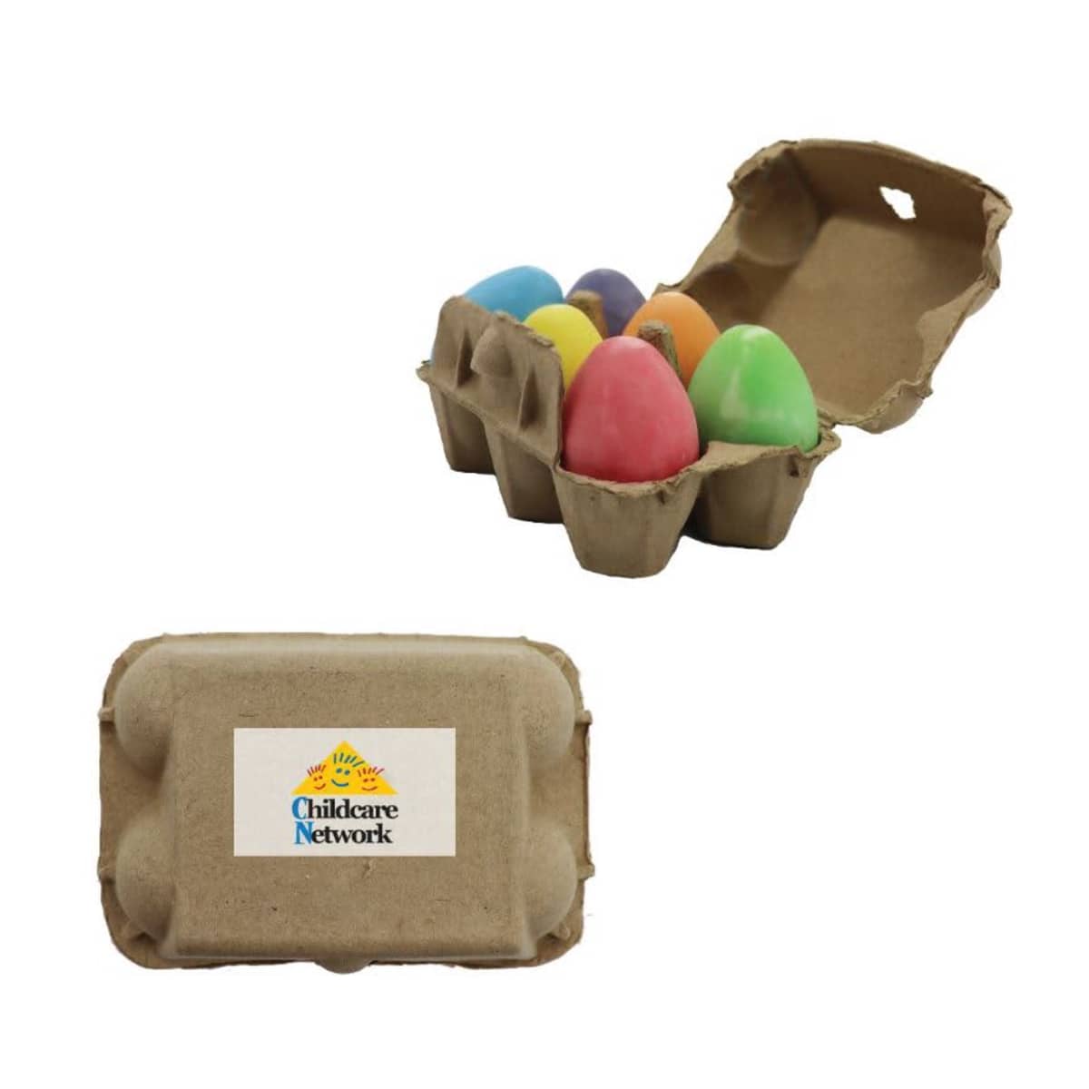 A small cardboard carton labeled Childcare Network holds six colorful egg-shaped crayons. The carton is shown open with the crayons visible, and closed with the label on top.