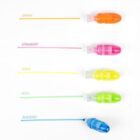 Five colorful highlighters with matching lines: orange, red labeled Strawberry, yellow labeled Lemon, green labeled Apple, and blue labeled Blueberry, arranged vertically on a white background.